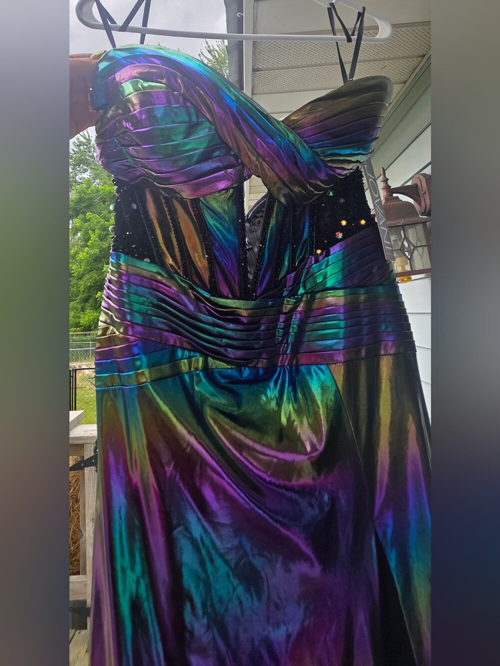 Jovani Iridescent Strapless Evening Gown in Green Blue Purple - Picture 2 of 10